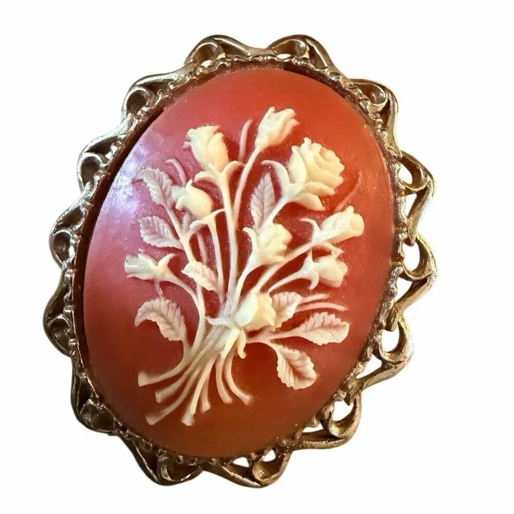 Vintage Carved Shell Cameo Floral Brooch